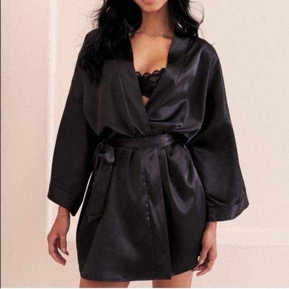 Adore Me Women’s Black Satin Belt Robe Nighty Throw-on Coverup Kink Cosplay - Picture 13 of 14